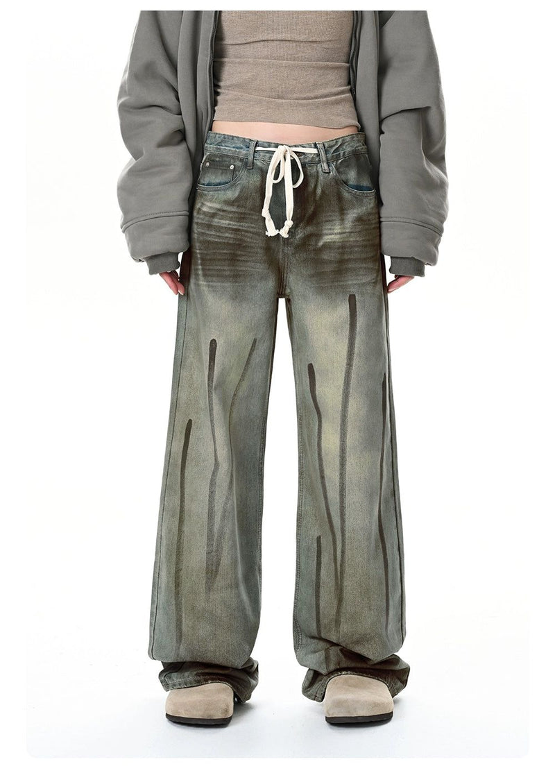 Hand-Painted Graffiti Drawstring Jeans