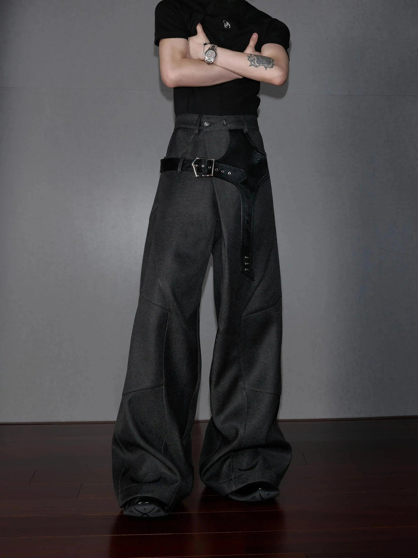 Buckled PU Leather Buckle Flared Pants