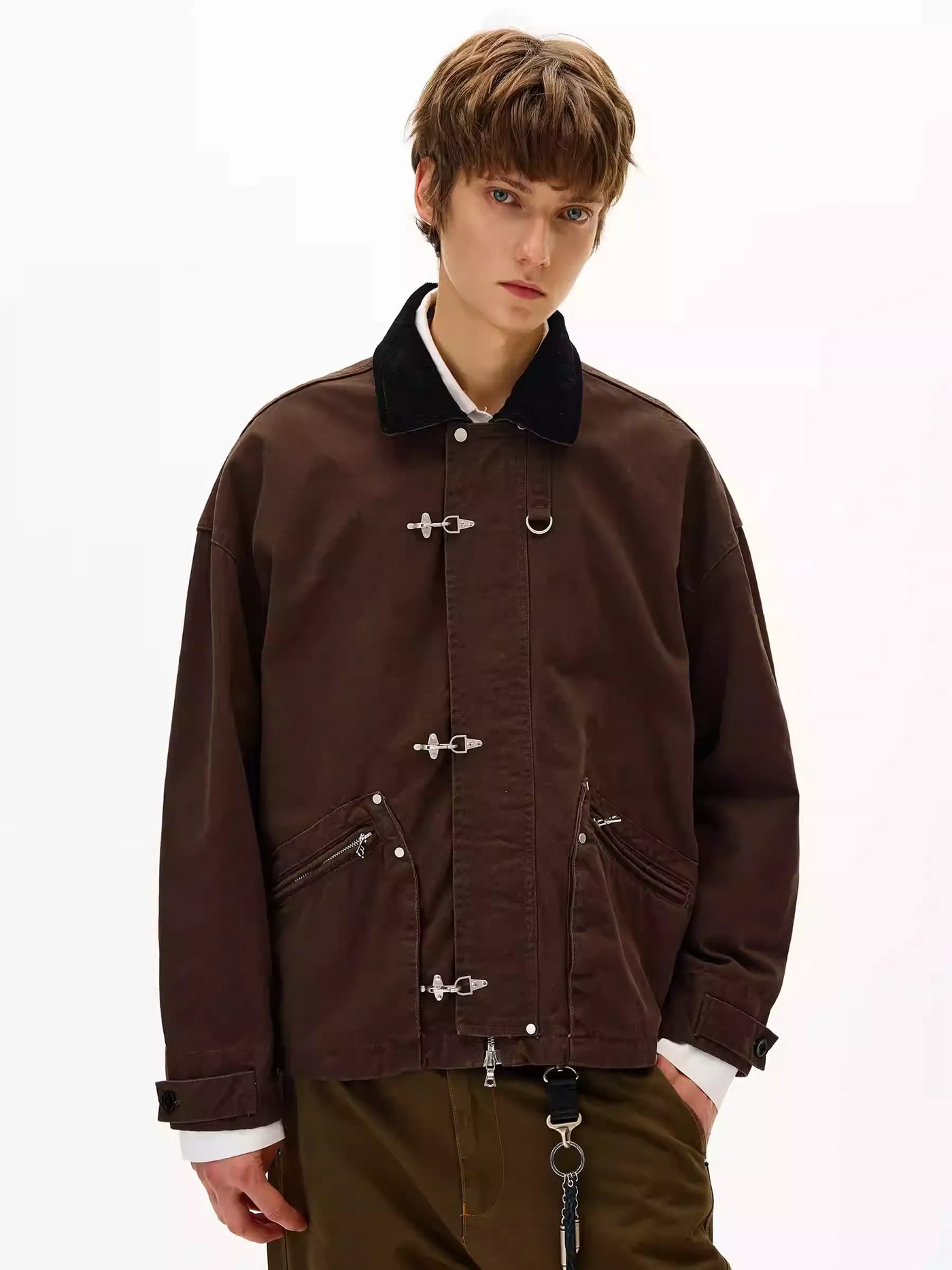 Contrast Collar Fireman Clasp Jacket