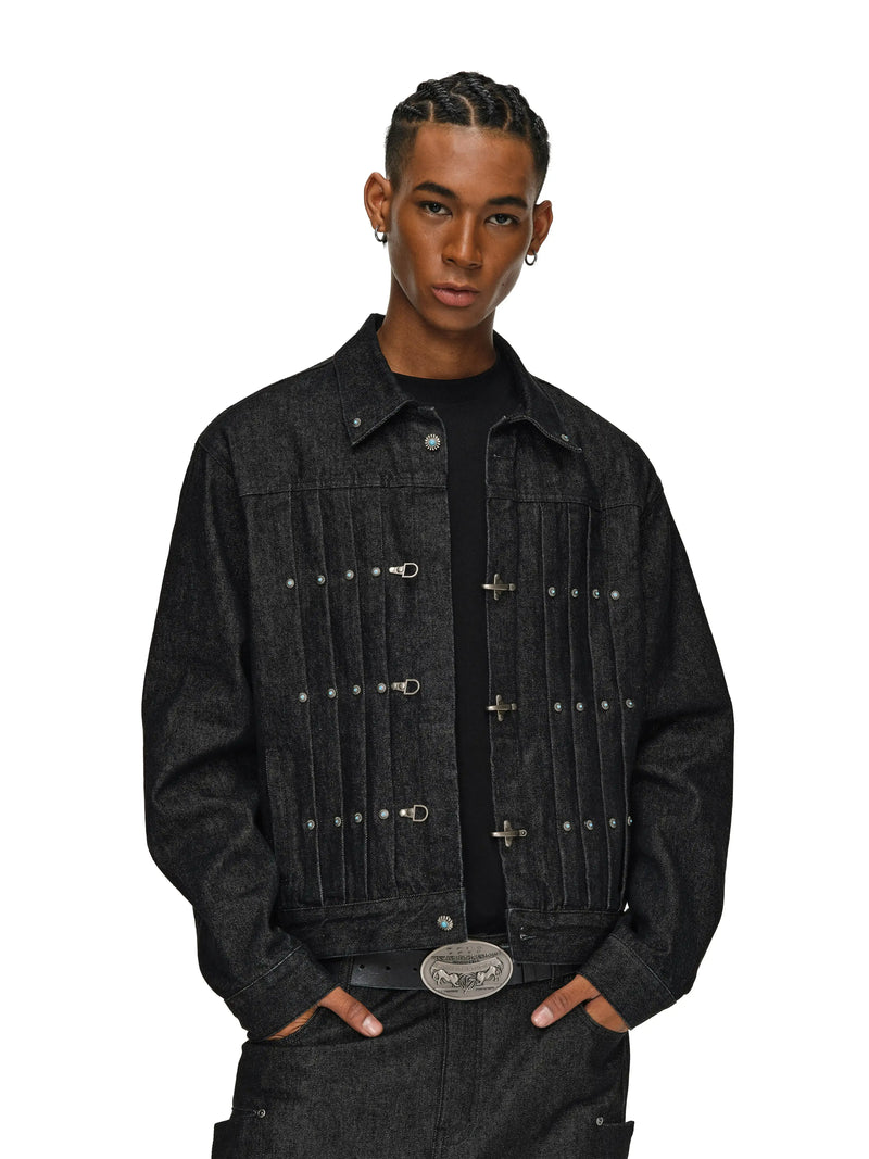 Retro Color Pleated Fireman Clasp Denim Jacket
