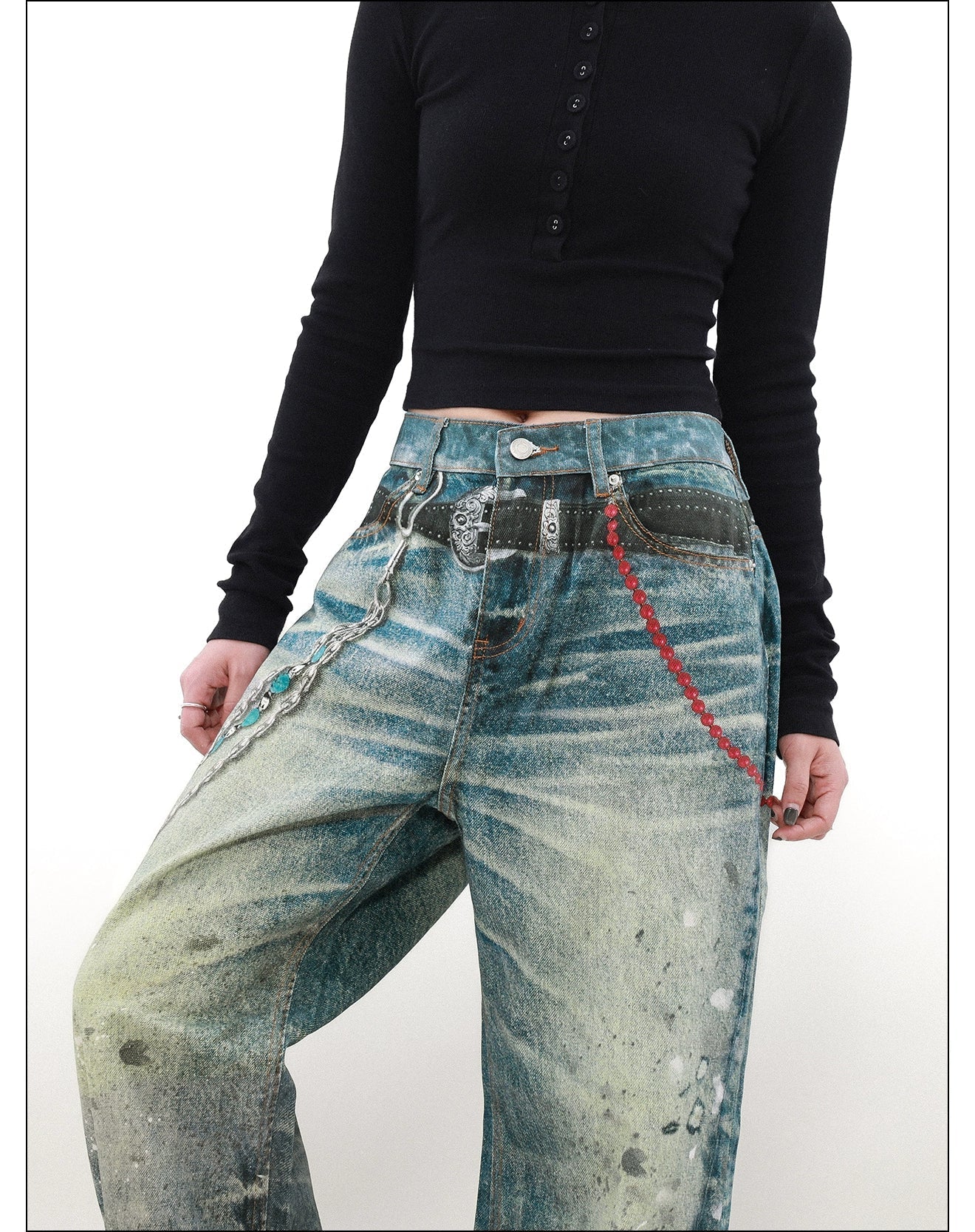 Ink Splashed Chain Detail Jeans