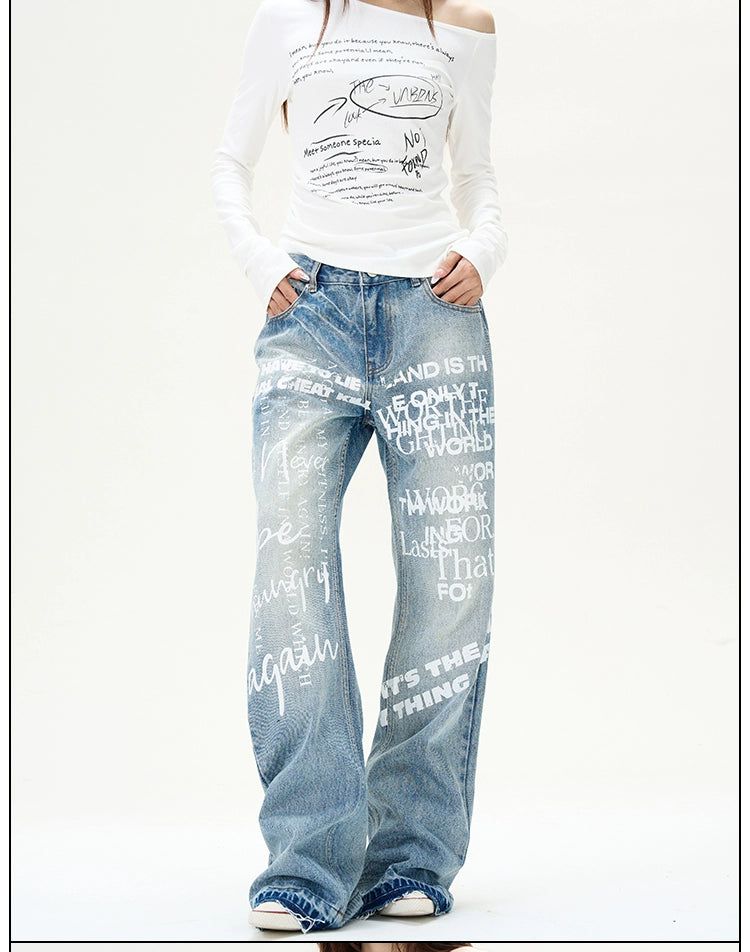 Light Wash Letter Print Jeans