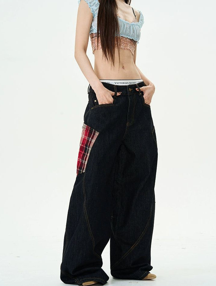 Plaid Patched Loose Jeans