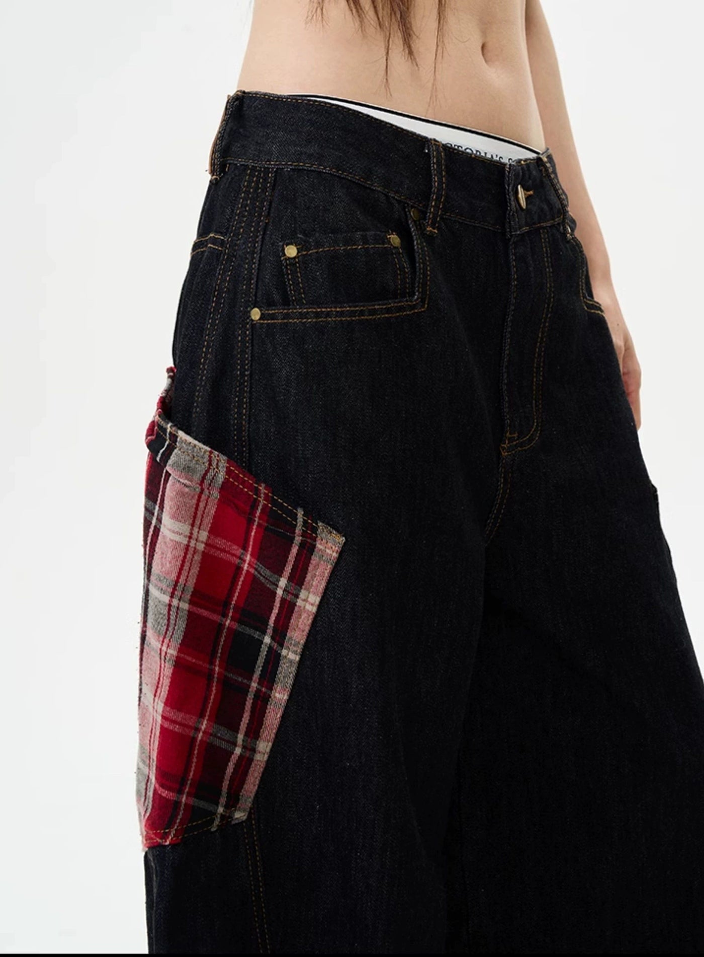 Plaid Patched Loose Jeans