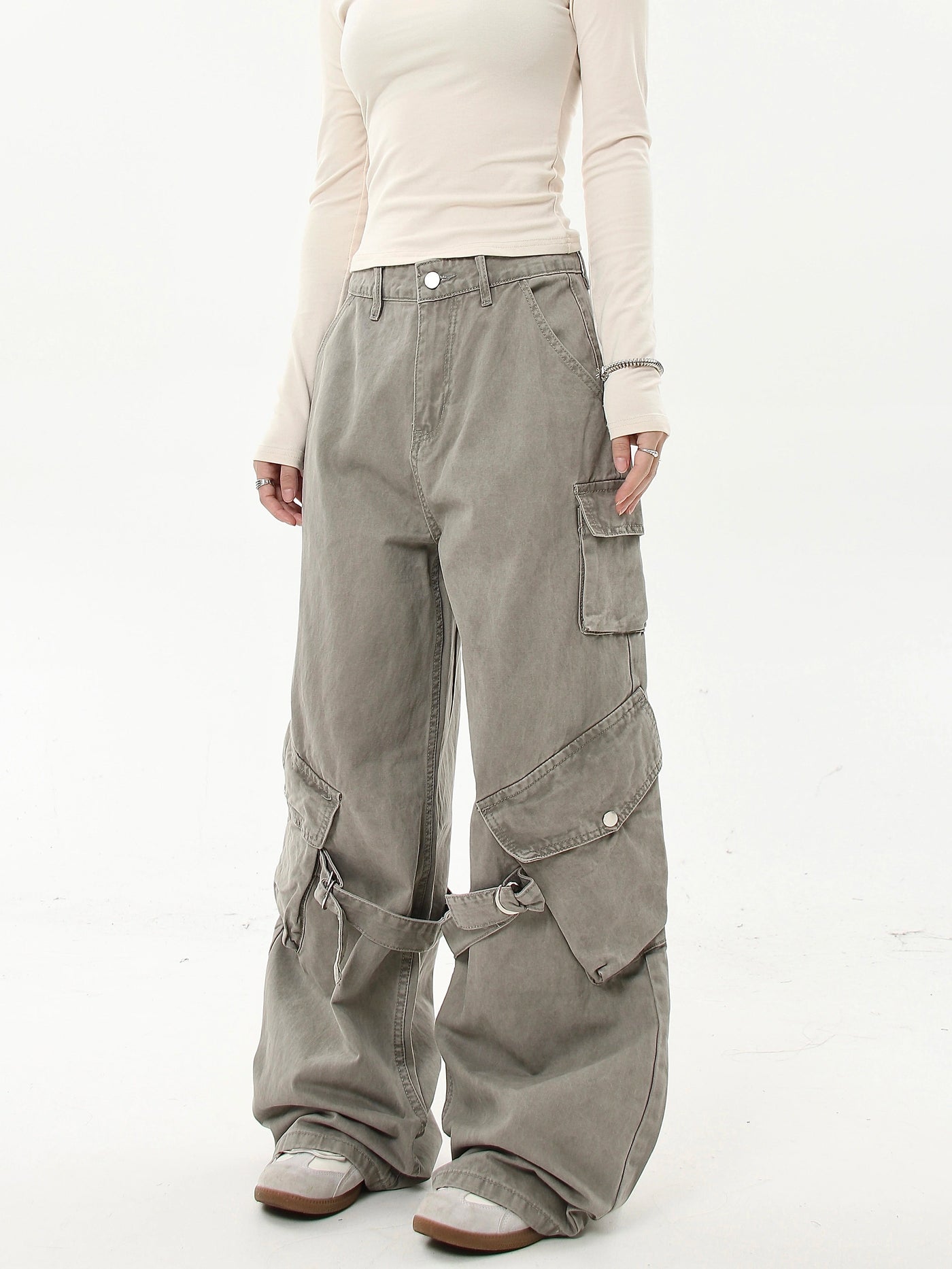 Washed Buckled Strap Cargo Jeans