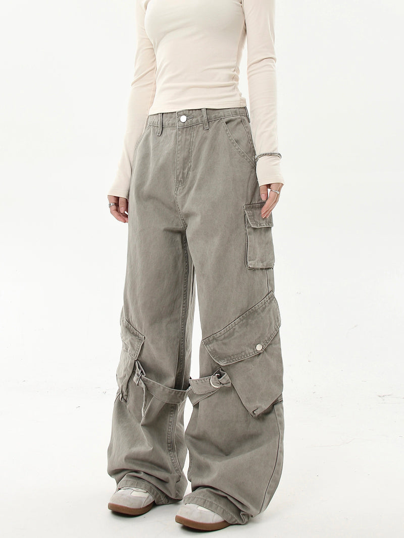 Washed Buckled Strap Cargo Jeans