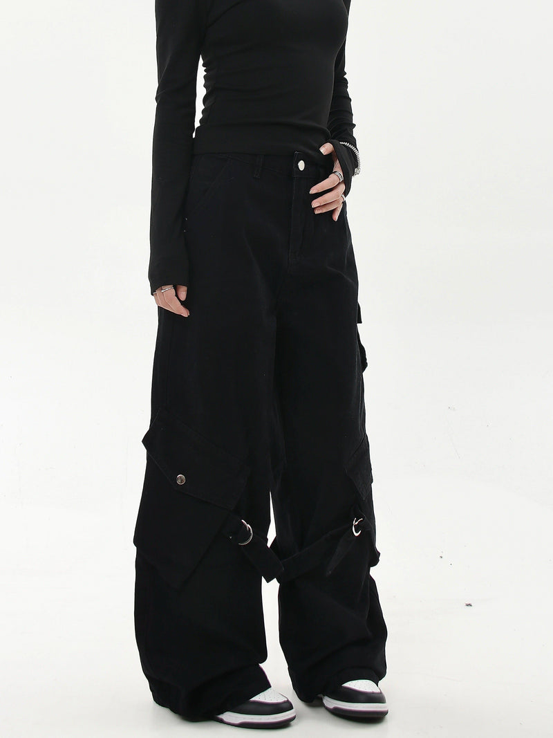 Washed Buckled Strap Cargo Jeans