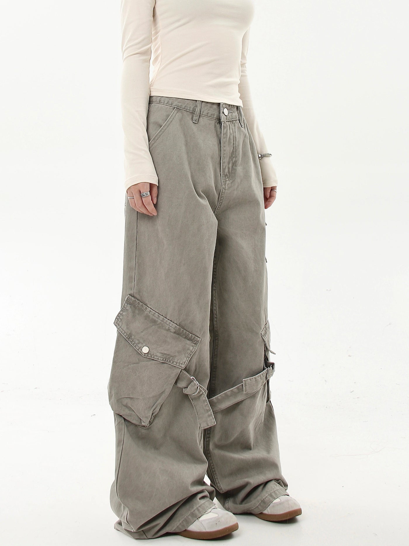 Washed Buckled Strap Cargo Jeans