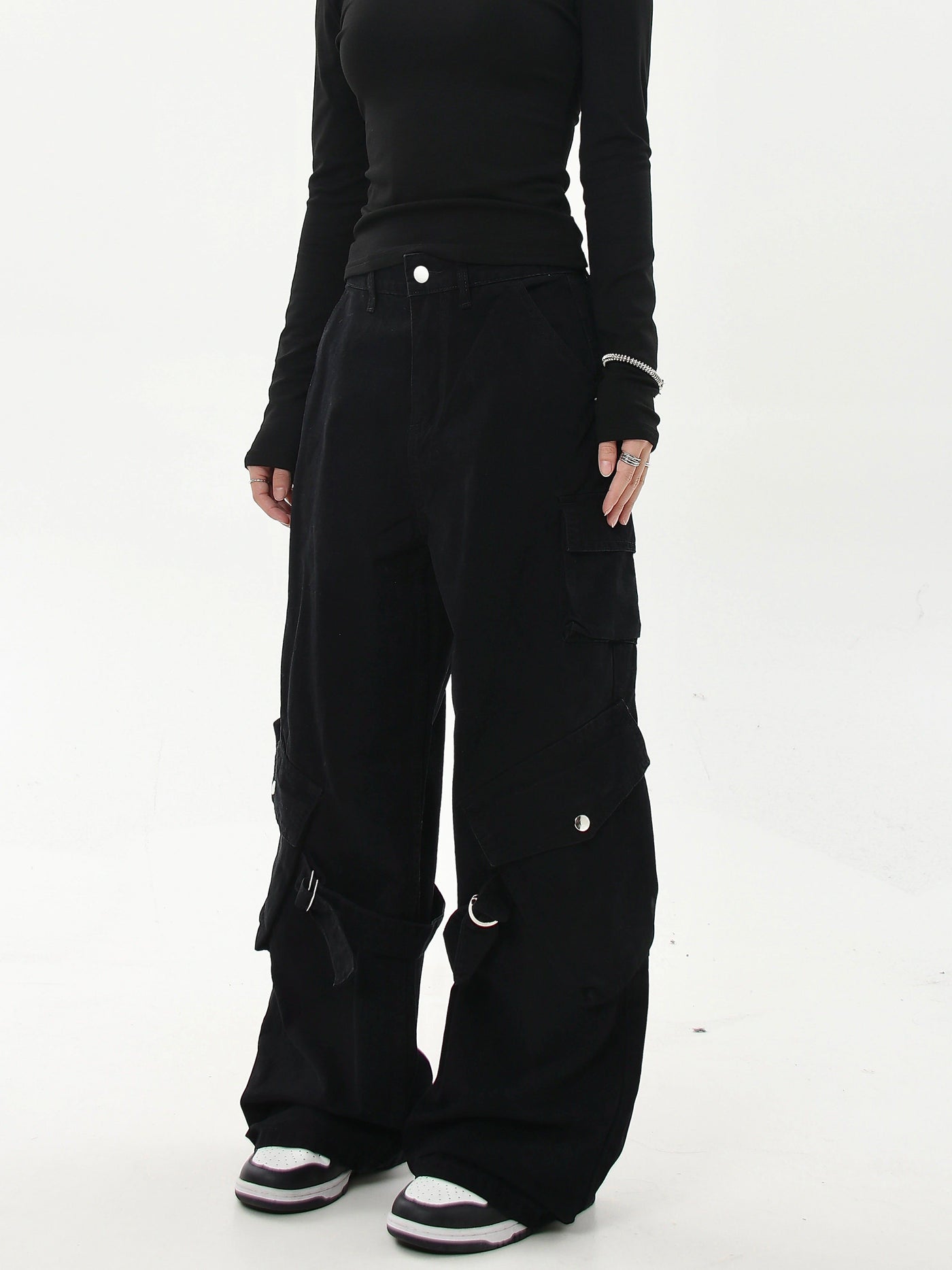 Washed Buckled Strap Cargo Jeans