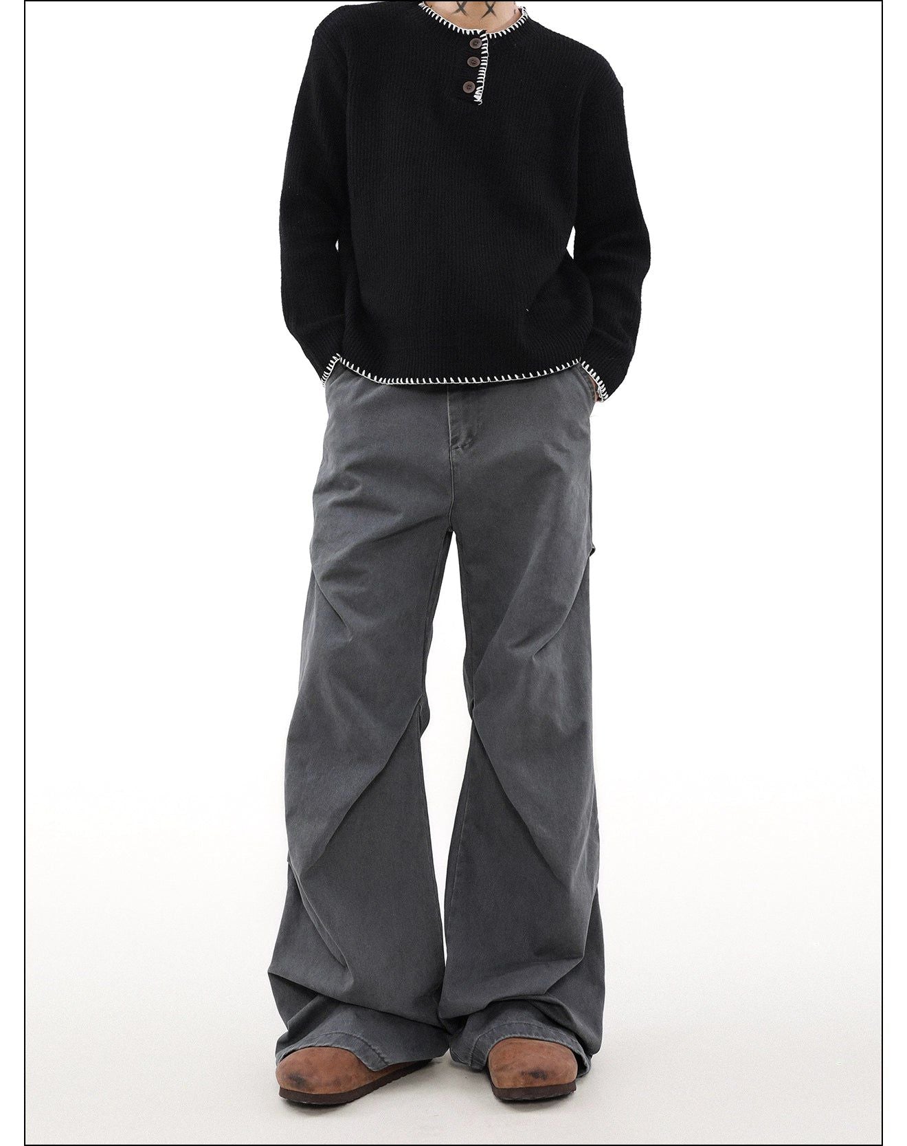 Washed Pleats Loose Straight Pants